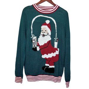 Tipsy Elves Mens Green Ugly Christmas Santa Milk Shake Pullover Sweater Sz Large